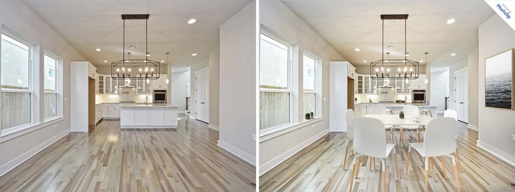 Before and after photos of PhotoUp virtual staging
