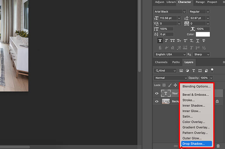 how to add shadow to text in photoshop